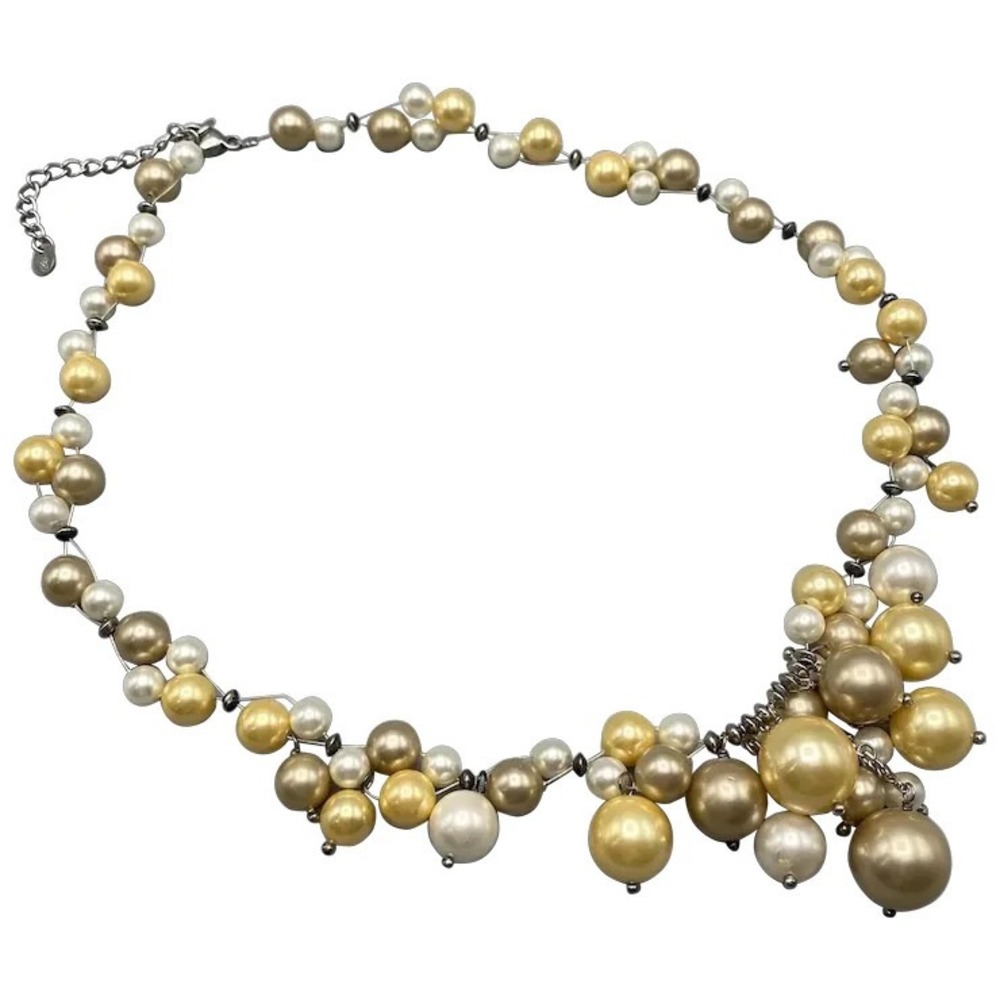 Sterling Wire and Faux‎ Pearl Cluster Necklace Marked LUC 925